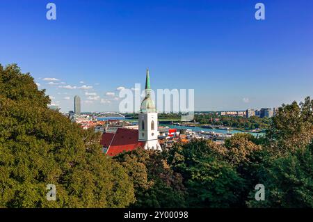 Die Kuppel der Kirche St. Martin von Bratislava hebt sich von der Vegetation ab Stockfoto