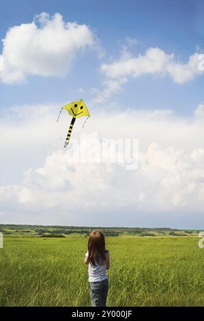 Kleines Mädchen mit Drachen in der Sommerwiese Stockfoto