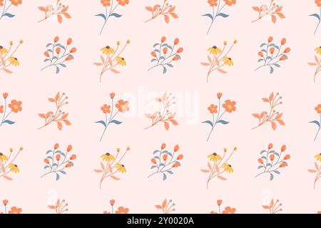 Das Bild zeigt ein sich wiederholendes Muster von bunten Blumenillustrationen in Pfirsichfarben und Gelbtönen auf einem hellrosa Hintergrund. Stock Vektor