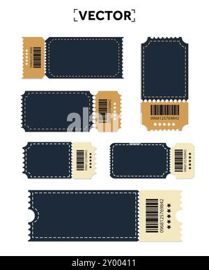 Set aus Ticket- oder Coupon-Vorlage in blauer marineblauer und brauner Farbe mit Barcode, Seriennummer, Bewertungssternen, isoliert auf weißem Hintergrund. Symbol für Ticketgruppe. Vektorabbildung. Vektorabbildung Stock Vektor