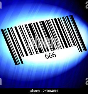 666, Strichcode mit blauem Hintergrund Stockfoto