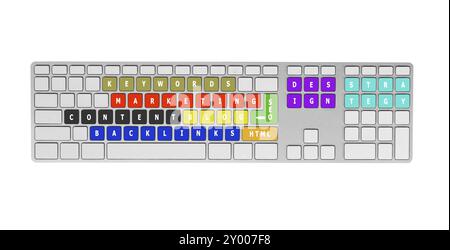 Keyboard- und Social-Media-Konzept. Isoliert auf weiß Stockfoto