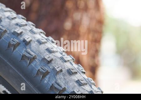 Mountainbike-Reifen aus nächster Nähe Stockfoto