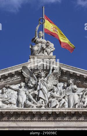 Spanien, Madrid, Giebel der nationalen Bibliothek von Spanien, 19. Jahrhundert neoklassische Architektur, Skulpturen stellt den Triumph der Buchstaben, Sc Stockfoto