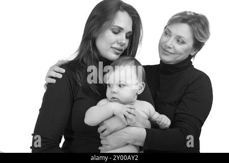 Großmutter, Tochter und Enkelin auf weißem Portrait, happy family Konzept. Schwarz und Weiß Stockfoto