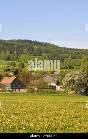 Obercunnersdorf, Museumsdorf in der Gemeinde Kottmar, in Sachsen, Umgebindehaus in der Oberlausitz im Museumsdorf, typische Umgebinde Stockfoto