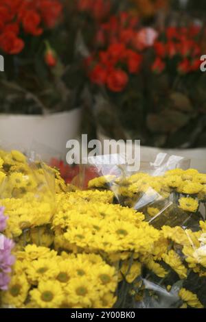 Rote und gelbe Blumensträuße vor einem Blumenladen Stockfoto