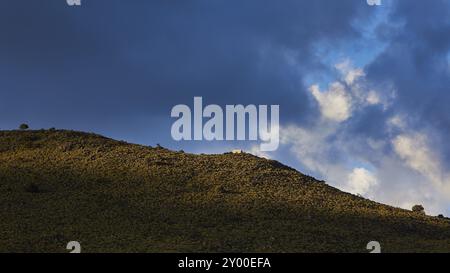 Sonnenlicht und Schatten spielen auf einem grasbewachsenen Hügel unter einem dramatischen Himmel mit dichten Wolken, Lefka Ori, White Mountains, Bergmassiv, Westen, Kreta, Griechenland Stockfoto