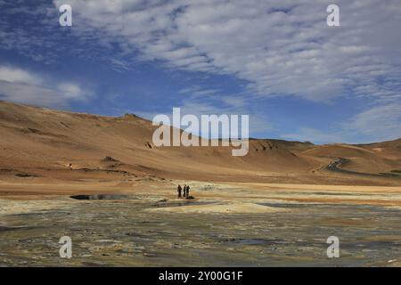 Geothermisches Gebiet in der Nähe von Reykjahlid, Island. Heißer Dampf und kochender Schlamm Stockfoto