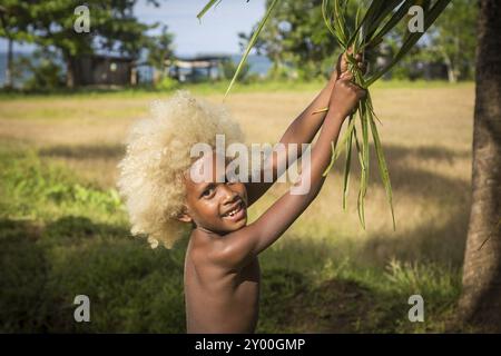 Chea Village, Salomon Islands, 15. Juni 2015: Ein Junge mit blonden Haaren und farbiger Haut, der mit den Blättern eines Baumes schwingt, Ozeanien Stockfoto