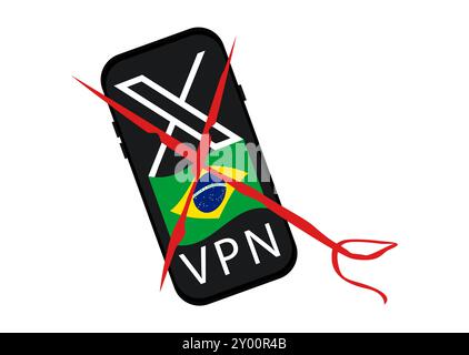 2024. Sperrung von Twitter(X) in Brasilien und Verbot von Versuchen, die Sperrung des sozialen Netzwerks über ein VPN zu umgehen. Smartphone mit brasilianischer Flagge, TW Stockfoto