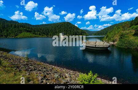 Panorama der Kleinen Kinzig-Talsperre bei Alpirsbach, im Schwarzwald, Deutschland mit Turm Stockfoto