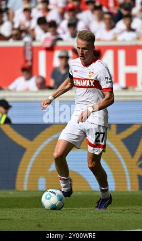 Stuttgart, Deutschland. 31. August 2024. Chris Fuehrich VfB Stuttgart (27) Aktion am Ball VfB Stuttgart vs. 1. FSV MAINZ 05 31.08.2024 DFL-VORSCHRIFTEN VERBIETEN DIE VERWENDUNG VON FOTOGRAFIEN ALS BILDSEQUENZEN UND/ODER QUASI-VIDEO/DPA/ALAMY LIVE NEWS Stockfoto