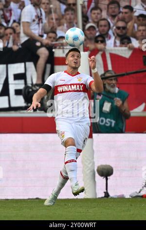 Stuttgart, Deutschland. 31. August 2024. Ermedin Demirovic VfB Stuttgart (09) am Ball VfB Stuttgart vs. 1. FSV MAINZ 05 31.08.2024 DFL-VORSCHRIFTEN VERBIETEN DIE VERWENDUNG VON FOTOGRAFIEN ALS BILDSEQUENZEN UND/ODER QUASI-VIDEO/DPA/ALAMY LIVE NEWS Stockfoto