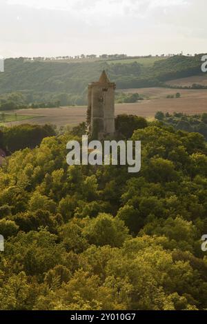 Blick auf die Burg Saaleck von der Rudelsburg im Saaletal an einem Sommerabend Blick auf die Burg Saaleck von der Rudelsburg im Saaletal Stockfoto