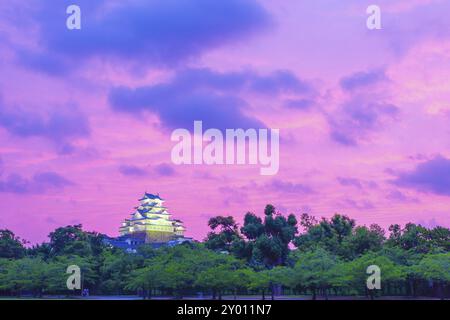 Fernblick auf das neu restaurierte Himeji-Jo-Schloss mit offenem, farbenfrohem, violettem Himmel an einem Sommerabend in Himeji, Japan, nach Renovierungsarbeiten in Stockfoto