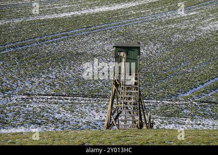 Hoher Sitz auf einem Feld mit Schneereste Stockfoto