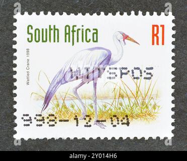 Von Südafrika gedruckte gestempelte Briefmarke, die den Wattkran (Grus carunculata) zeigt, um 1998. Stockfoto