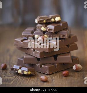 Schokolade und Haselnüsse (Haselnuss) auf Holztisch gebrochen. Selektiven Fokus Stockfoto