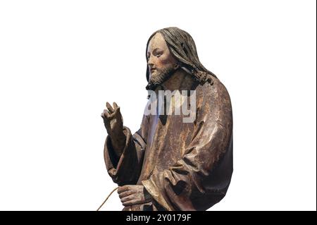 Palmesel, Detail Chistus, Holzfigur um 1520, auf weißem Hintergrund, Dioezesan Museum, Rottenburg, Baden-Württemberg, Deutschland, Europa Stockfoto