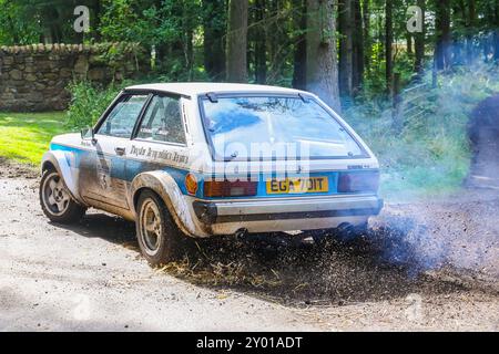 Kilmarnock, Schottland, Großbritannien. 31. August 2024. Kilmarnock, Großbritannien. Sechzig Rallyefahrzeuge mit internationalen und lokalen Teams, aufgeteilt in drei Gruppen, nahmen am Lombard Rally Festival Teil, durch das Waldgut Craufurdland Castle in der Nähe von Kilmarnock, Ayrshire, Schottland. Quelle: Findlay/Alamy Live News Stockfoto