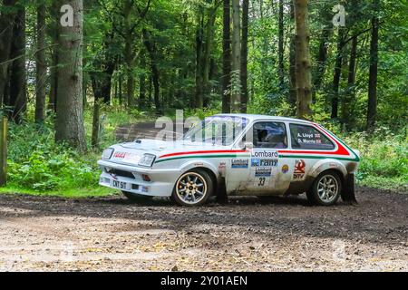 Kilmarnock, Schottland, Großbritannien. 31. August 2024. Kilmarnock, Großbritannien. Sechzig Rallyefahrzeuge mit internationalen und lokalen Teams, aufgeteilt in drei Gruppen, nahmen am Lombard Rally Festival Teil, durch das Waldgut Craufurdland Castle in der Nähe von Kilmarnock, Ayrshire, Schottland. Quelle: Findlay/Alamy Live News Stockfoto