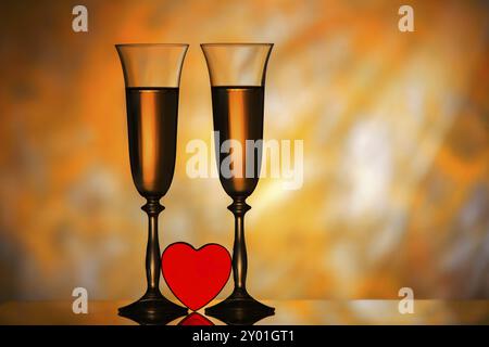Zwei Gläser Champagner und rote Herzen mit goldenem Hintergrund Stockfoto