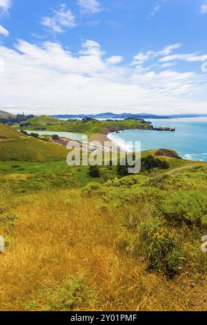 San Francisco im fernen Hintergrund von oben auf den Marin Headlands oberhalb von Fort Cronkhite und Rodeo Beach entlang der Natur des Küstenpfads auf einer Summe Stockfoto