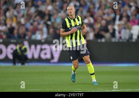 London, Großbritannien. 31. August 2024. Erling Haland von Manchester City während des Spiels West Ham gegen Manchester City, Premier League im London Stadium Stratford. Dieses Bild ist NUR für REDAKTIONELLE ZWECKE bestimmt. Für jede andere Verwendung ist eine Lizenz von Football DataCo erforderlich. Quelle: MARTIN DALTON/Alamy Live News Stockfoto