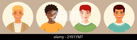 Avatare für Zeichen festgelegt. Porträt multikultureller multiethnischer Männer mit unterschiedlichen Frisuren. Junge Männer sehen Porträts im Kreis. Flache Vektorabbildungen. Stock Vektor