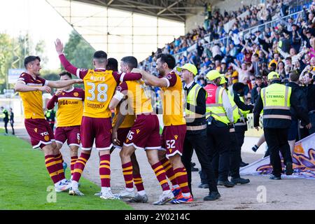 Perth, Schottland. 31. August 2024. Motherwell Celebre Moses Ebiye (24 - Motherwell) Stoppage Time Goal St Johnstone vs Motherwell - Scottish Premiership Credit: Raymond Davies / Alamy Live News Stockfoto