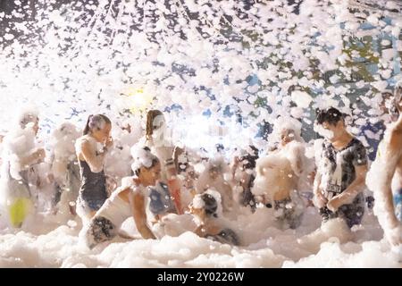 Fiesta de la espuma, S ´Estanyol de Migjorn, Llucmajor, Mallorca, balearen, Spanien, Europa Stockfoto