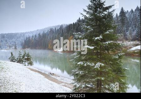 Schneebedeckter Grubsee in den Bayerischen Alpen, Deutschland, Europa Stockfoto