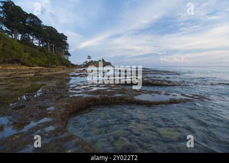 Gezeitenbecken sammeln Wasser an einem typisch schönen Abend an der zerklüfteten Küste der Insel Neil, der Andamanen- und Nicobar-Inselkette in Indien Stockfoto