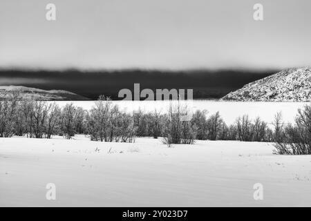 Schlechtes Wetter über dem gefrorenen See Tornetraesk, Norrbotten, Lappland, Schweden, Januar 2014, Europa Stockfoto