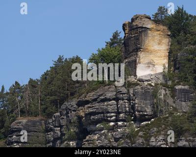 Abbruchkante am Wartturmfelsen in der Sächsischen Schweiz, im Elbsandsteingebirge Stockfoto