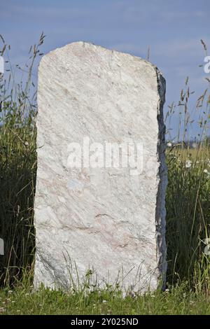 Einzelner leerer Granitgrabstein auf einer Graswiese Stockfoto