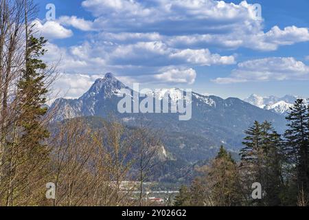 Blick auf den Saeuling in den Bayerischen Alpen mit der Zugspitze im Hintergrund Stockfoto