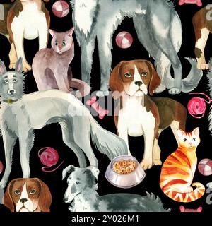 Nahtloses Aquarellmuster. Haustiere, Beagle-Hunde, windhunde, gestreifte und rote Katzen, graue, flauschige Katzen. Alle Objekte sind handgezeichnet mit Aquarellen. Für Stockfoto