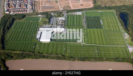 Aus der Vogelperspektive des Everton FC Finch Farm Trainingsplatzes in Halewood, Liverpool Stockfoto