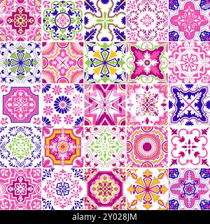 Rosa und Blau Portugiesisch Azulejos nahtlose Muster Mosaik Fliesen karierter Vektor Hintergrund, Keramik Boden Fliesen Design Stock Vektor