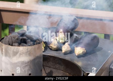 Rauchende Holzkohle und frische Auberginen auf einem Grill, fertig zum Kochen. Perfekt für Grillfotos und Kochkonzepte im Freien. Stockfoto