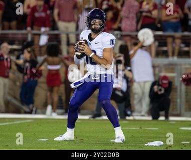 August 30 2024 Palo Alto, CA USA TCU Quarterback Josh Hoover (10) sucht nach einem offenen Empfänger während des NCAA/ACC Football Spiels zwischen TCU Horned Frogs und dem Stanford Cardinal. TCU besiegte Stanford 34-27 im Stanford Stadium Palo Alto, CA Thurman James/CSM Stockfoto