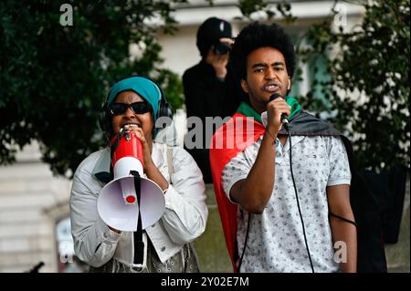 LONDON, GROSSBRITANNIEN. 31. August 2024. London for Sudan protestiert gegen U.A.E, Ägypten, Saudi-Arabien und bewaffnete Rebellen auf beiden Seiten. Die Waffen wurden von den USA und Großbritannien an die Vereinigten Arabischen Emirate, Ägypten und Saudi verkauft. Die Demonstranten fordern auch ein Ende des Stellvertreterkrieges und fordern Russland auf, die Bewaffnung des Sudan einzustellen. Die Demonstranten befürchten auch, dass dieselben Waffen, die von den USA/Großbritannien verkauft werden, Israel Waffen liefern, um unbewaffnete palästinensische Zivilisten in Gaza anzugreifen. Proteste fanden in London statt. (Quelle: Siehe Li/Picture Capital/Alamy Live News Stockfoto