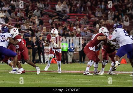 August 30 2024 Palo Alto, CA USA der Stanford Quarterback Ashton Daniels (14) läuft im NCAA/ACC Football Spiel zwischen TCU Horned Frogs und dem Stanford Cardinal um den ersten Niedergang. TCU besiegte Stanford 34-27 im Stanford Stadium Palo Alto, CA Thurman James/CSM Stockfoto