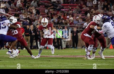 August 30 2024 Palo Alto, CA USA der Stanford Quarterback Ashton Daniels (14) läuft im NCAA/ACC Football Spiel zwischen TCU Horned Frogs und dem Stanford Cardinal um den ersten Niedergang. TCU besiegte Stanford 34-27 im Stanford Stadium Palo Alto, CA Thurman James/CSM Stockfoto