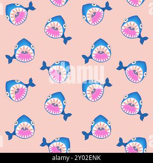 Lila Hai mit offenem Mund nette Vektor-Cartoon Zeichnung nahtloses Muster für Gewebe Textil Design Stock Vektor