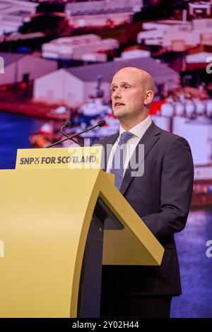 Edinburgh, Vereinigtes Königreich, 31. August 2024. Stephen Flynn, Vorsitzender der SNP bei Westminster, hält die Keynote-Rede vor einem voll bepackten Auditorium auf der Parteikonferenz 2024 am Samstag. Quelle: Brian Wilson/Alamy Live News Stockfoto