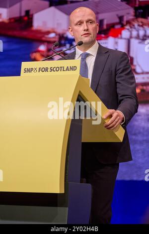 Edinburgh, Vereinigtes Königreich, 31. August 2024. Stephen Flynn, Vorsitzender der SNP bei Westminster, hält die Keynote-Rede vor einem voll bepackten Auditorium auf der Parteikonferenz 2024 am Samstag. Quelle: Brian Wilson/Alamy Live News Stockfoto