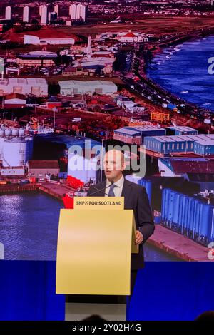 Edinburgh, Vereinigtes Königreich, 31. August 2024. Stephen Flynn, Vorsitzender der SNP bei Westminster, hält die Keynote-Rede vor einem voll bepackten Auditorium auf der Parteikonferenz 2024 am Samstag. Quelle: Brian Wilson/Alamy Live News Stockfoto